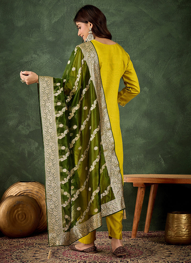 Viscose Rayon Parrot Green Casual Wear Embroidery Work Readymade Kurti Pant With Dupatta 379666