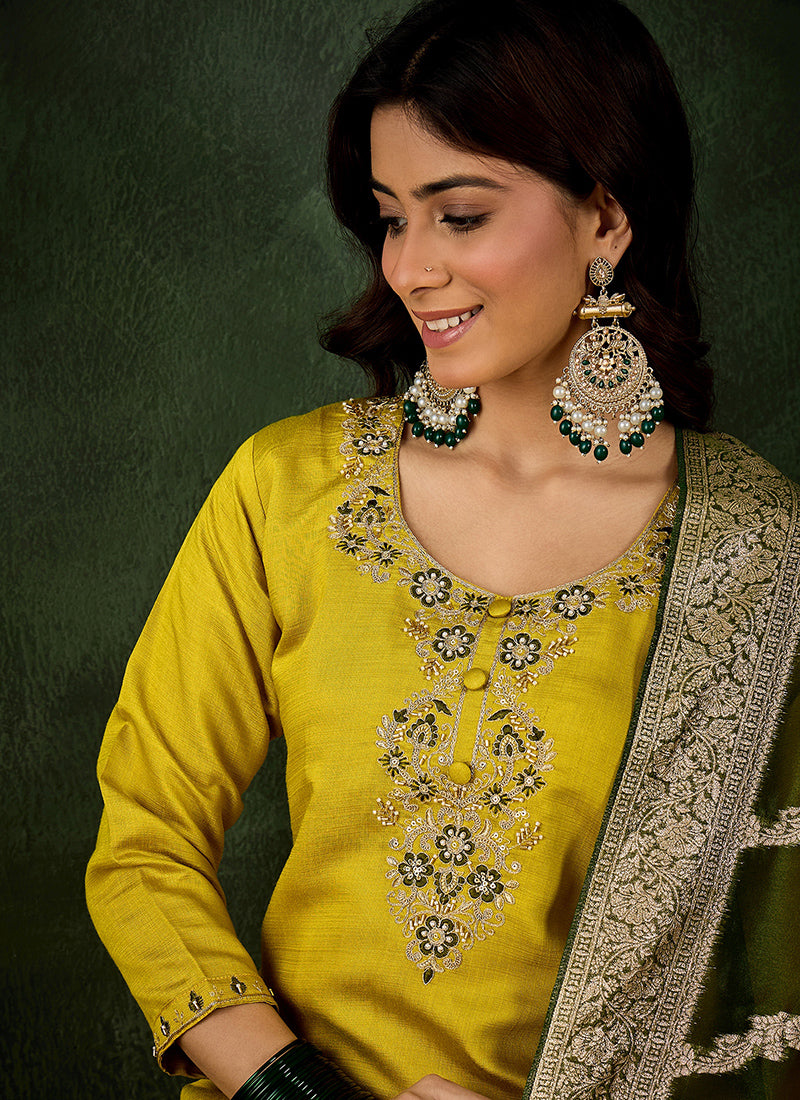 Viscose Rayon Parrot Green Casual Wear Embroidery Work Readymade Kurti Pant With Dupatta 379666