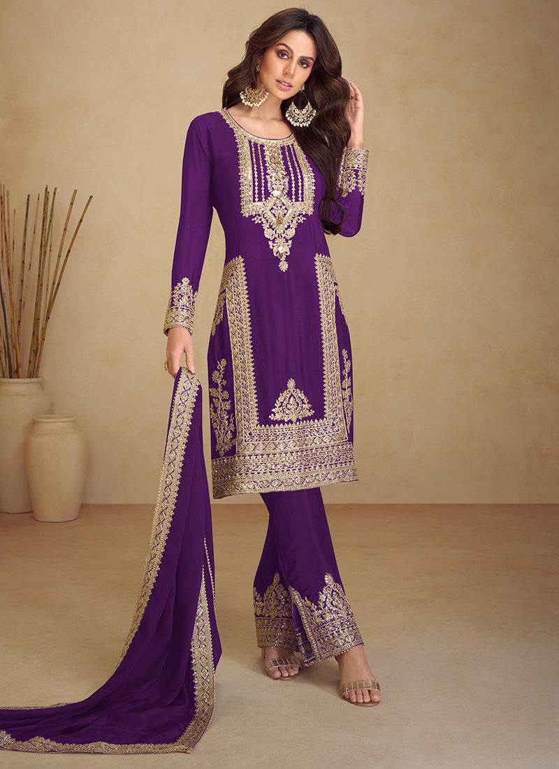 Chinon Violet Festival Wear Embroidery Work Readymade Salwar Suit 385859