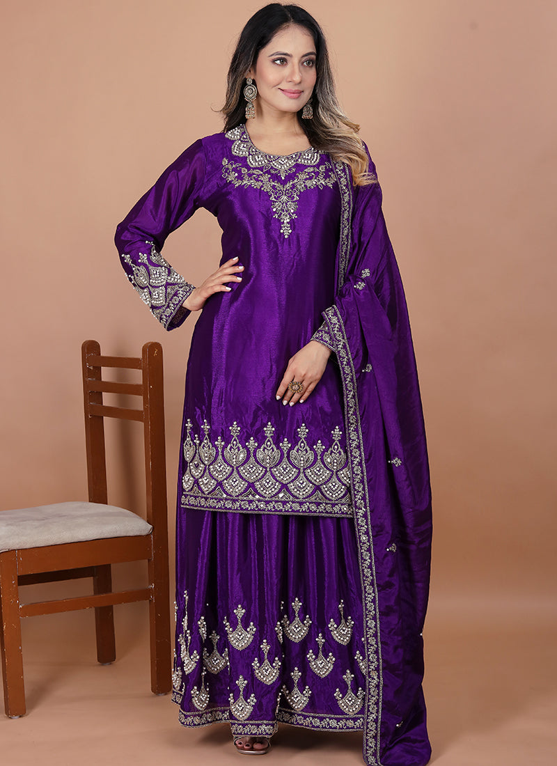 Chinon Violet Festival Wear Sequin Embroidery Work Readymade Plazzo Suit 386161