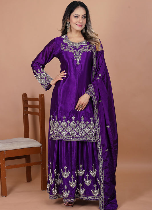 Chinon Violet Festival Wear Sequin Embroidery Work Readymade Plazzo Suit 386161