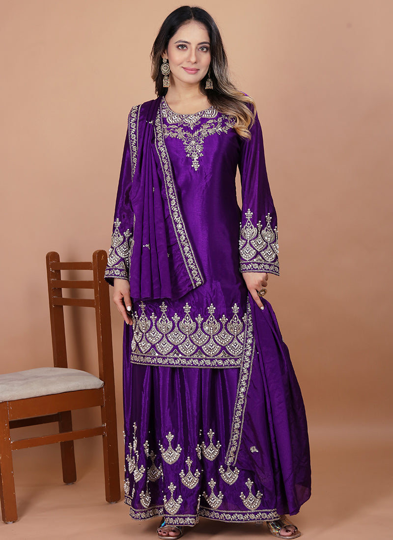 Chinon Violet Festival Wear Sequin Embroidery Work Readymade Plazzo Suit 386161