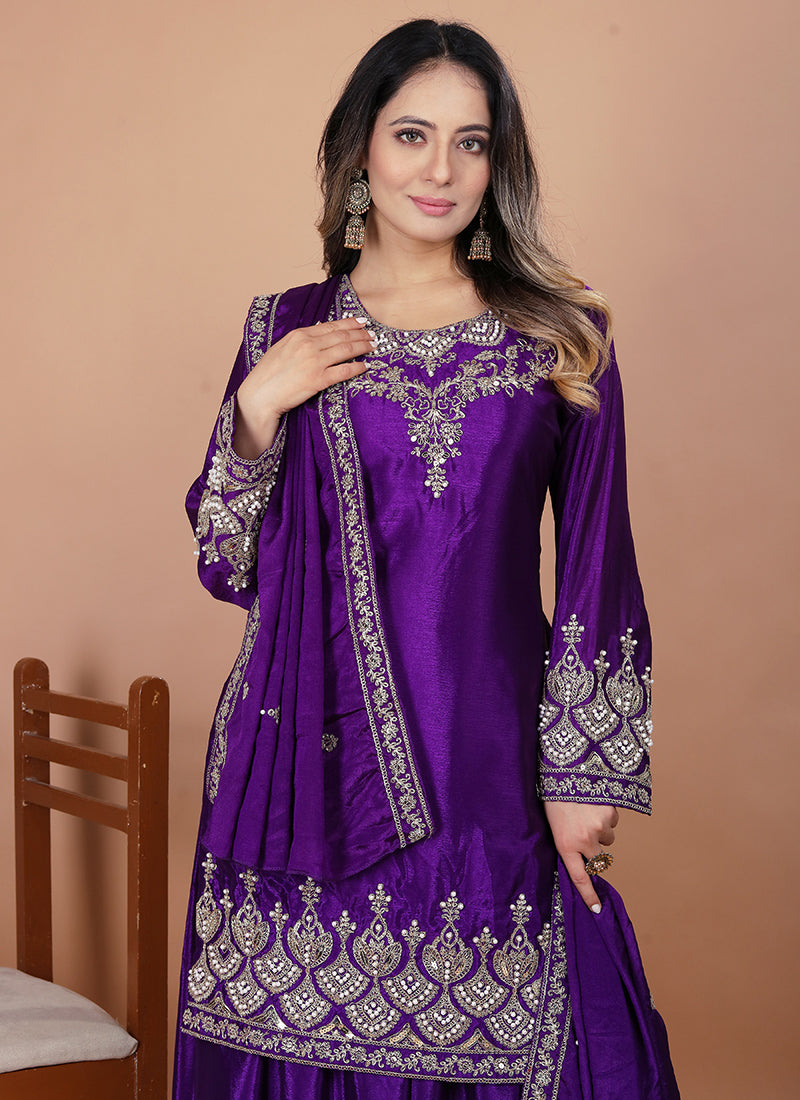 Chinon Violet Festival Wear Sequin Embroidery Work Readymade Plazzo Suit 386161