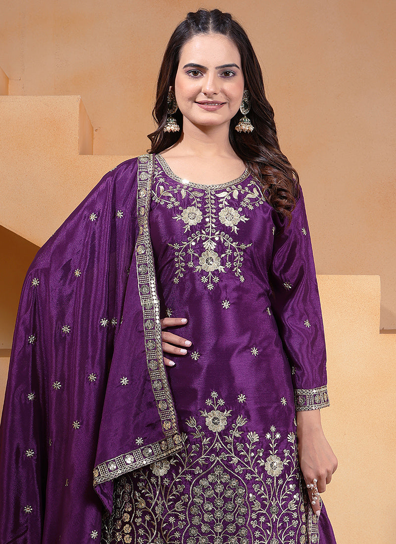 Chinon Violet Festival Wear Sequin Embroidery Work Readymade Plazzo Suit 386159
