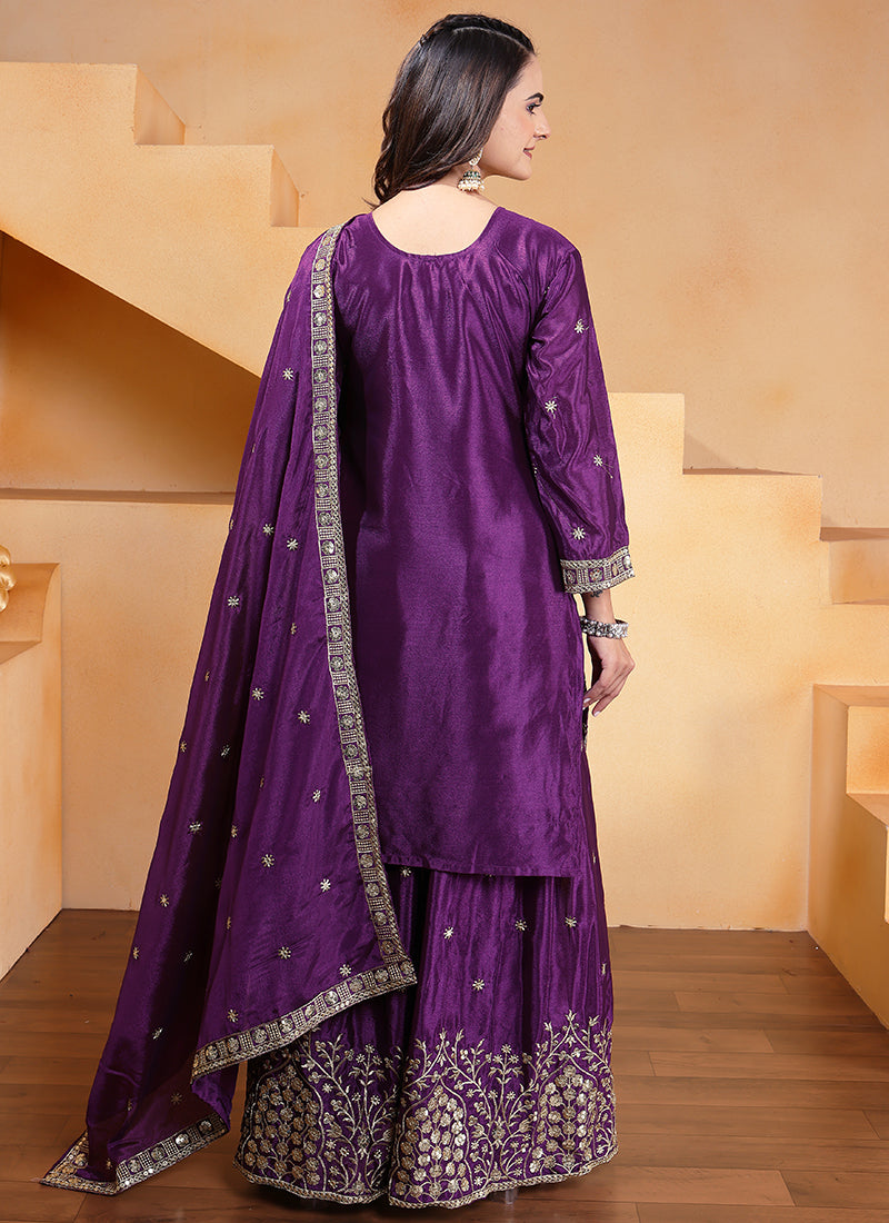 Chinon Violet Festival Wear Sequin Embroidery Work Readymade Plazzo Suit 386159