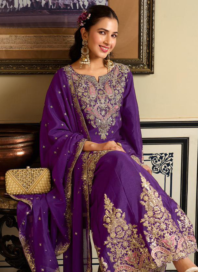 Violet Chinon Embroidery Work Occasional Wear Readymade Plazzo Suit SW577541