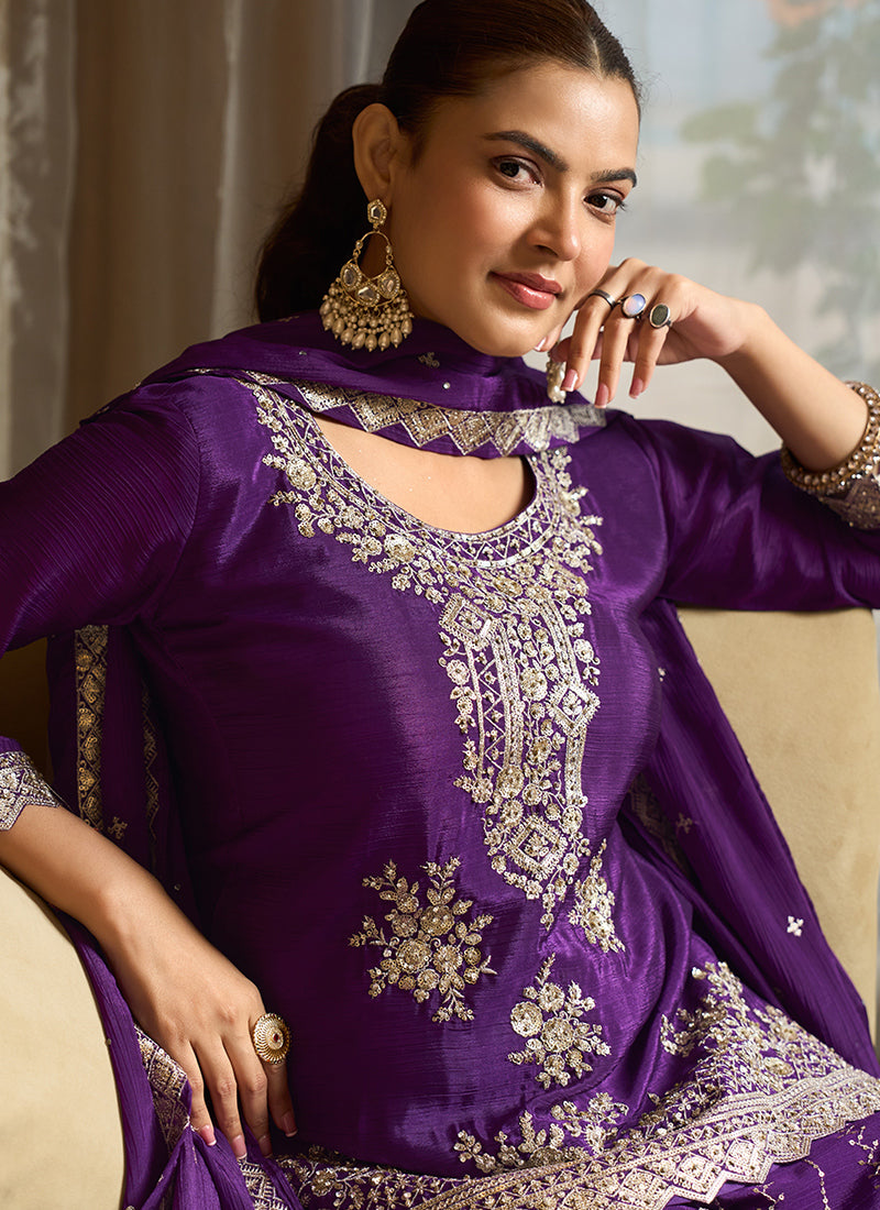 Violet Chinon Silk Sequins Work Wedding Wear Readymade Plazzo Suit SW724373