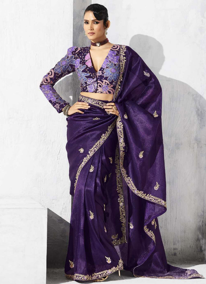 Fancy Fabric Violet Designer Saree with Thread Embroidery Work for Wedding Wear 384466