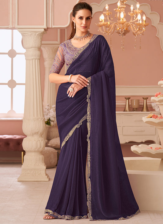 Georgette Violet Designer Saree with Zari Embroidery Work 383843