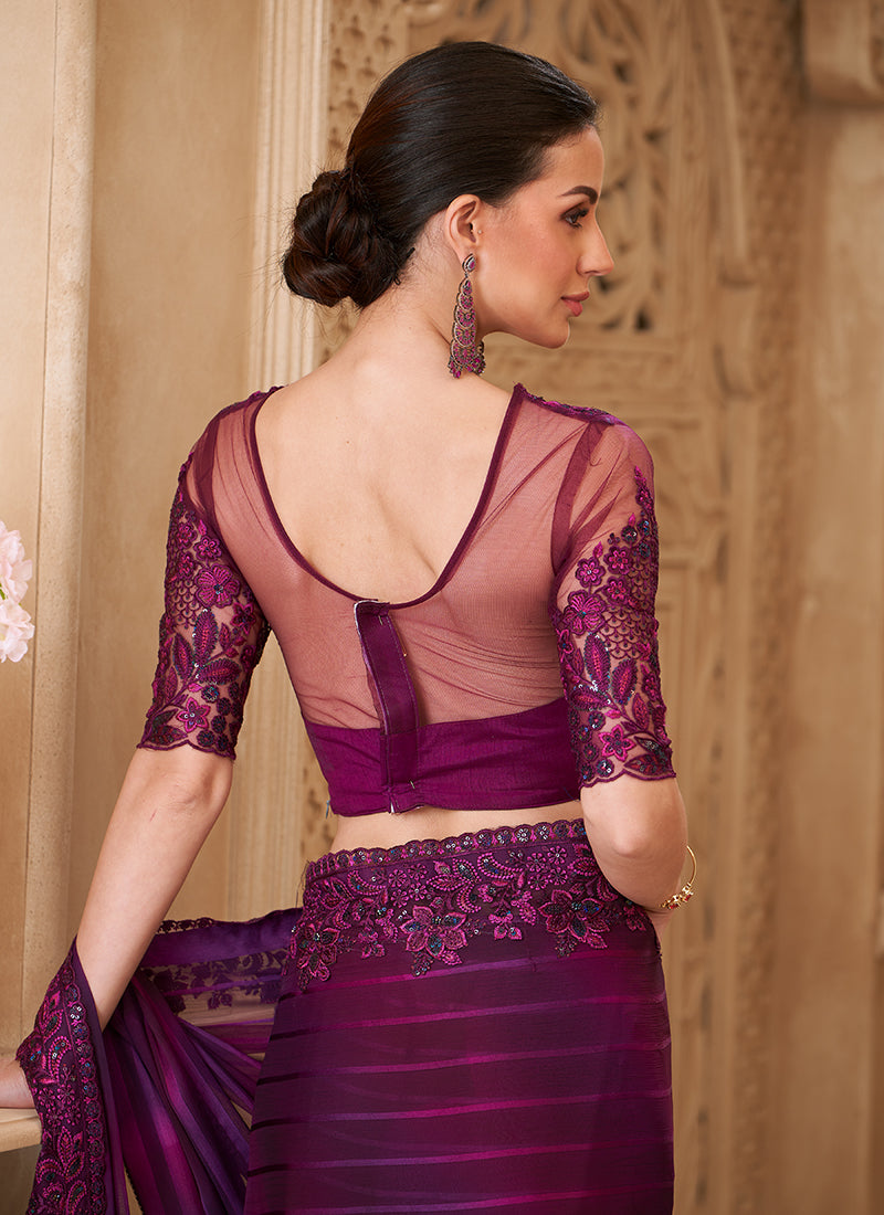 Georgette Violet Party Wear Embroidery Work Saree 385711