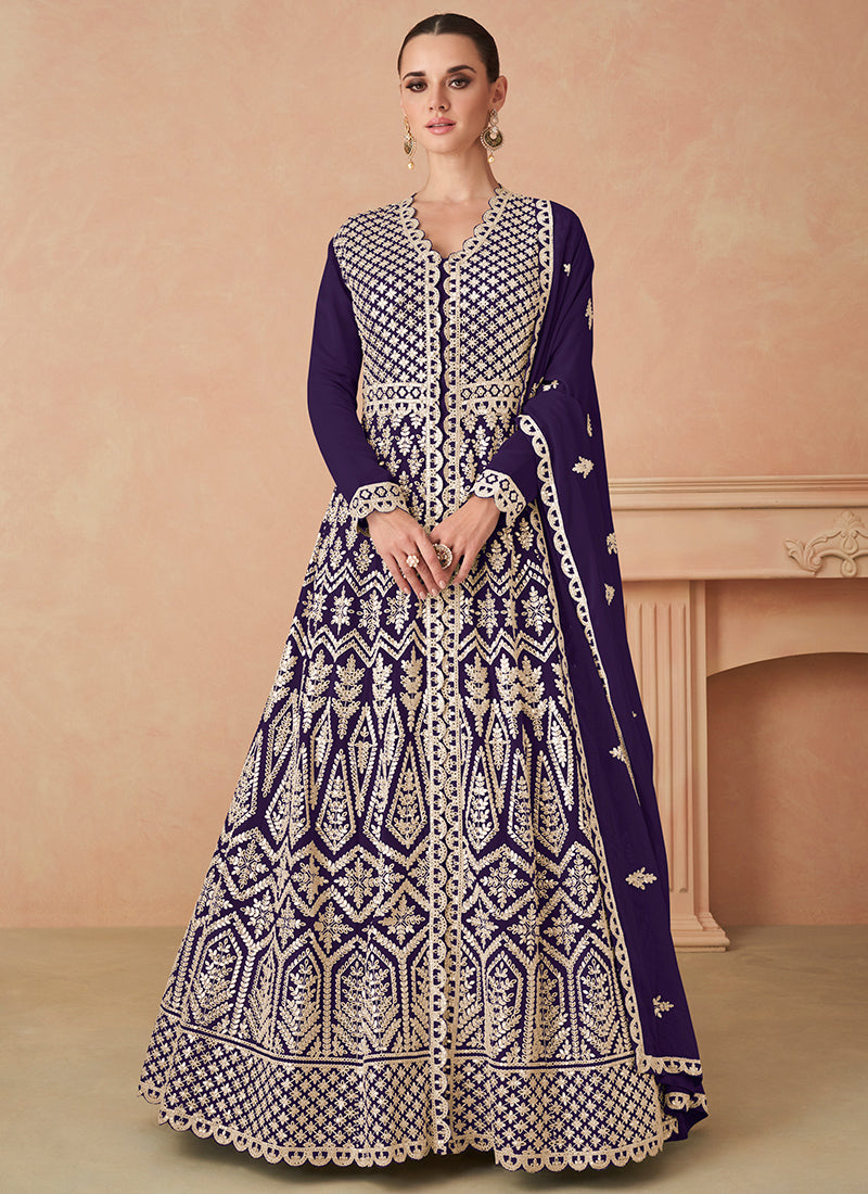 Georgette Violet Wedding Wear Zari Work Readymade Anarkali Gown 386089