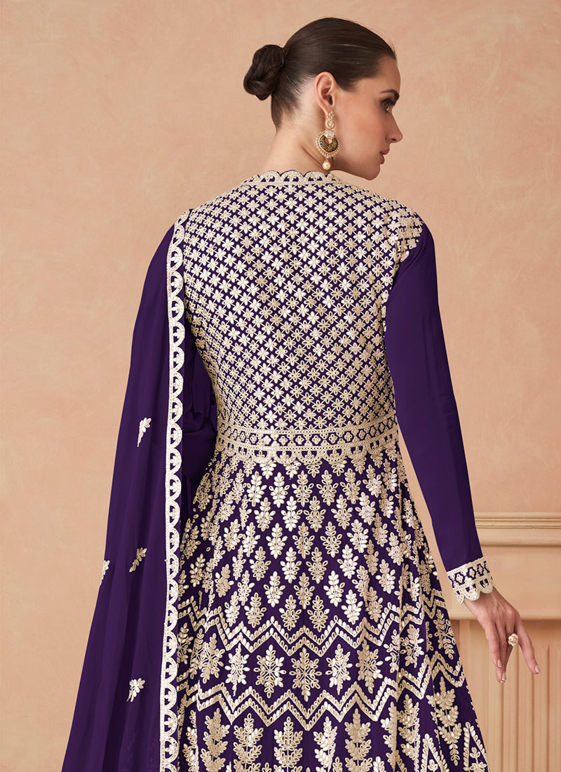 Georgette Violet Wedding Wear Zari Work Readymade Anarkali Gown 386089