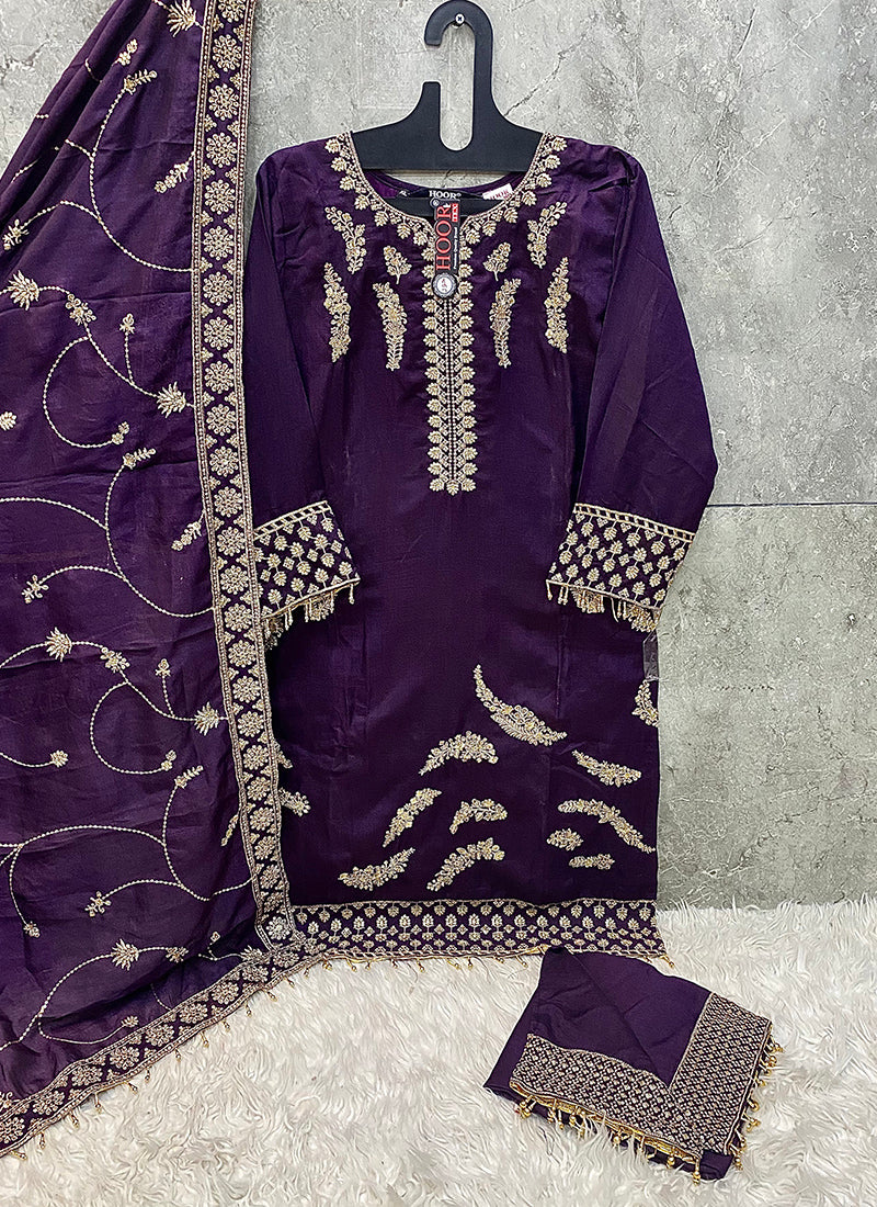 Heavy Chinon Violet Eid Wear Zari Work Readymade Pakistani Suit 388182