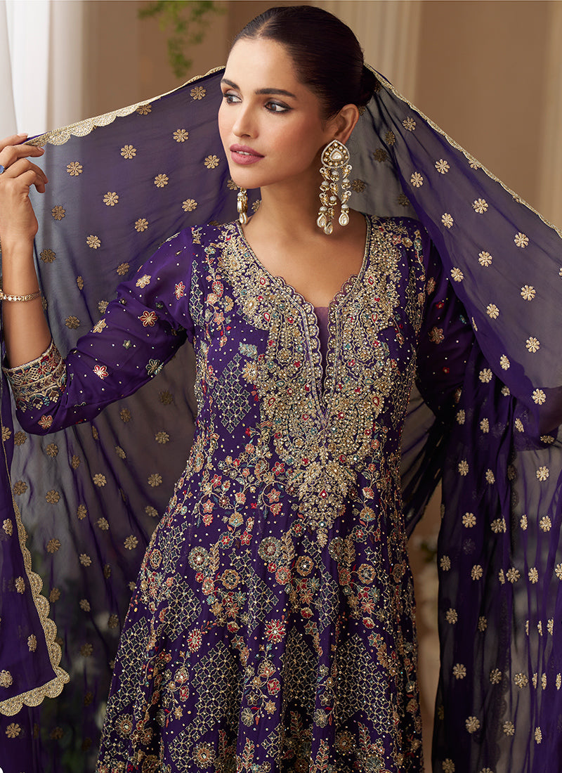 Real Georgette Violet Wedding Wear Embroidery Work Readymade Plazzo Suit 386491