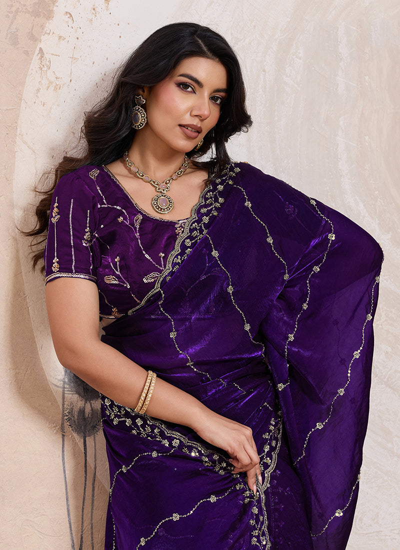 Violet Velvet Satin Beads Work Party Wear Saree SW890808