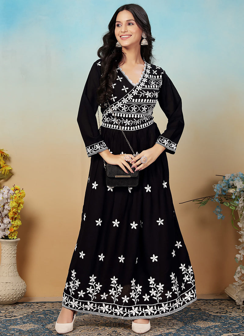 Rayon Black Casual Wear Chikankari Embroidery Readymade Gown With Pant 367530