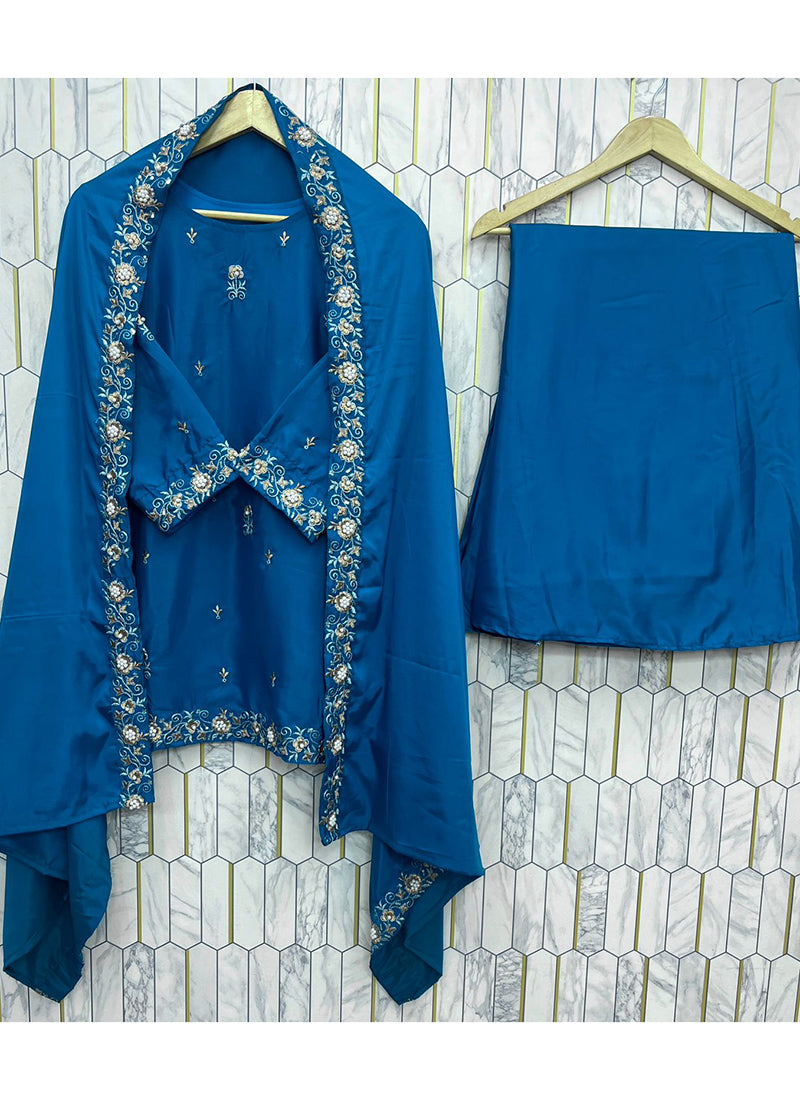 Crepe Royal Blue Party Wear Embroidery Work Readymade Plazzo Suit 387198