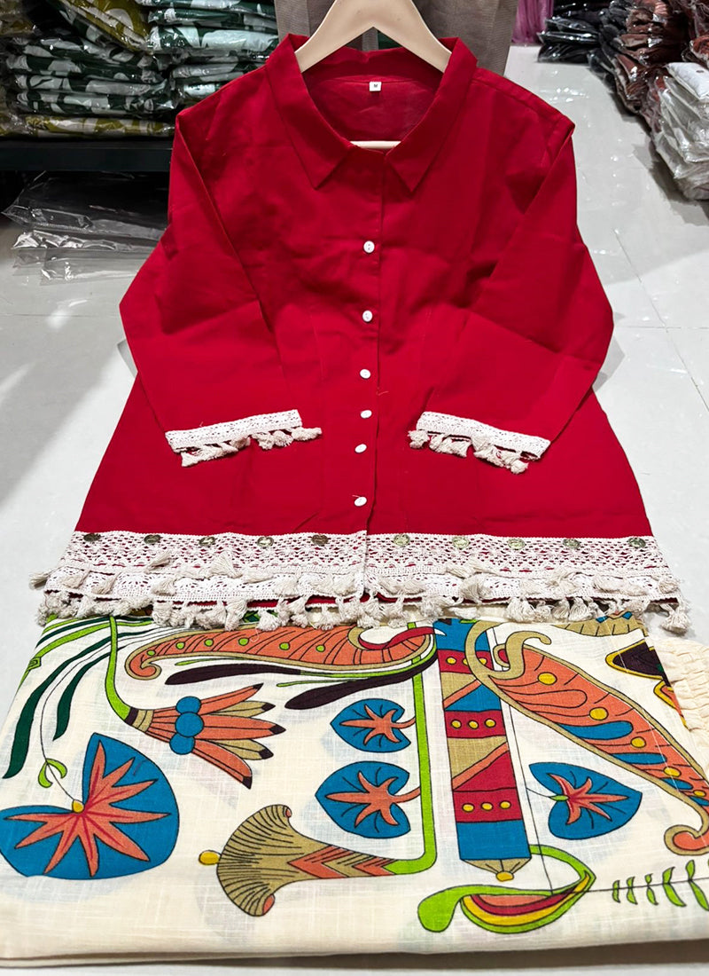 Cotton Slub Red Designer Wear Printed Work Readymade Top With Plazzo 383789