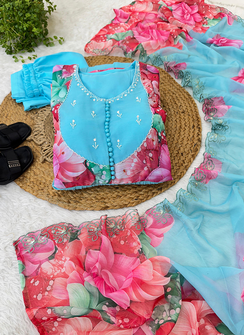 Faux Georgette Sky Blue Festival Wear Digital Print Work Readymade Anarkali Suit 384893