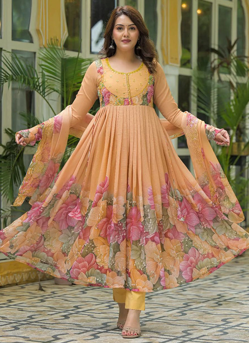 Faux Georgette Orange Festival Wear Digital Print Work Readymade Anarkali Suit 384894