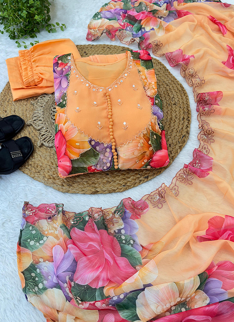 Faux Georgette Orange Festival Wear Digital Print Work Readymade Anarkali Suit 384894