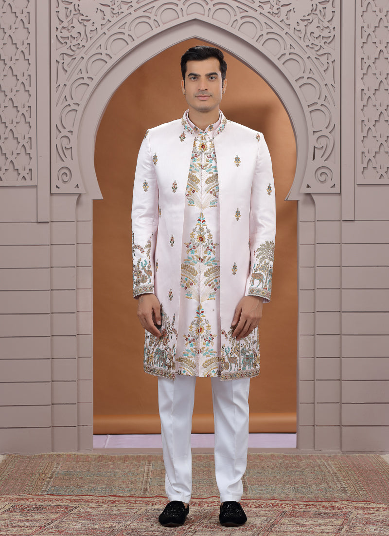 Art Silk White Wedding Wear Embroidery Work Readymade Indo Western Sherwani 386006
