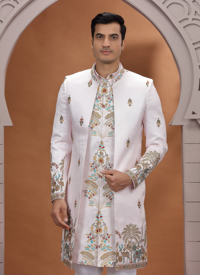 Art Silk White Wedding Wear Embroidery Work Readymade Indo Western Sherwani 386006