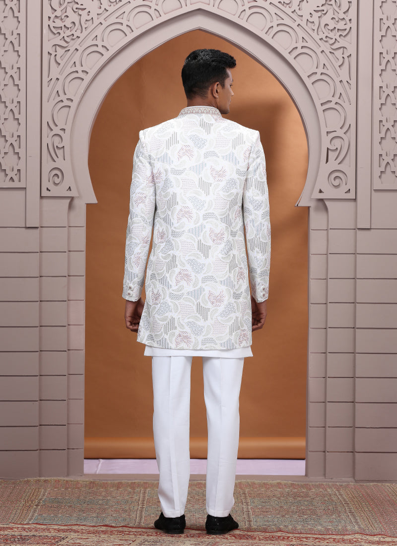 Art Silk White Wedding Wear Embroidery Work Readymade Indo Western Sherwani 386015