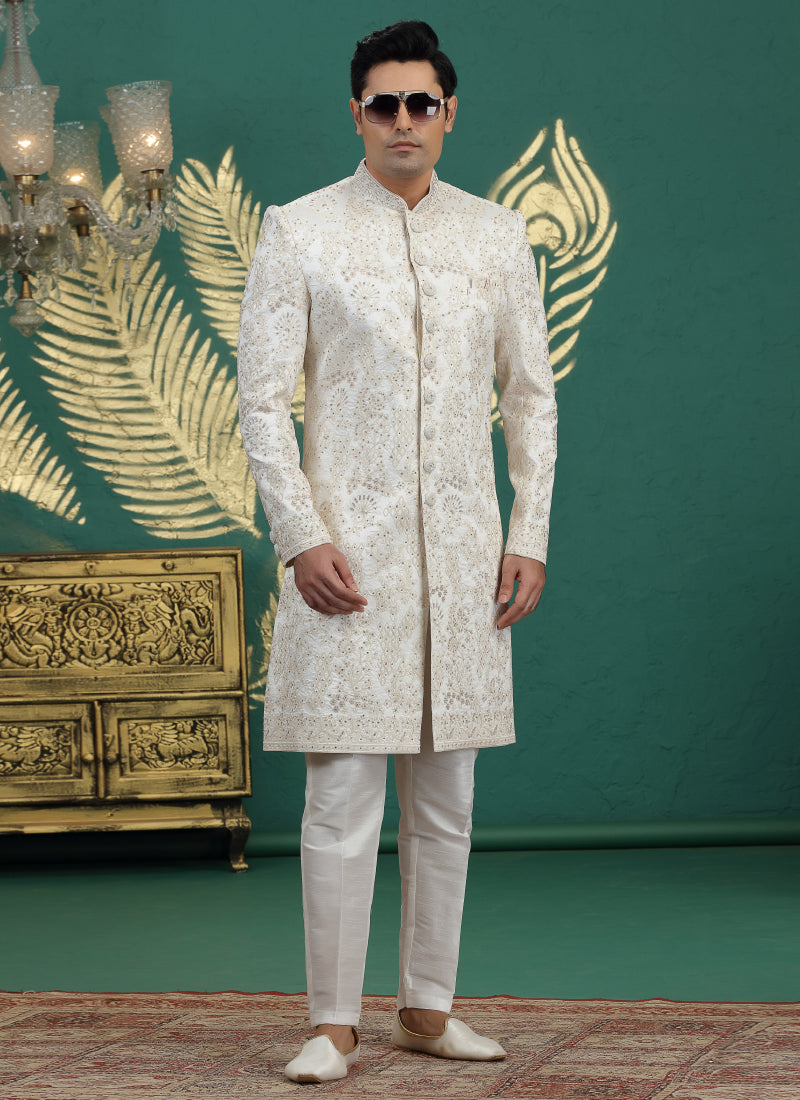 Art Silk White Wedding Wear Hand Embroidery Readymade Groom Sherwani 386000