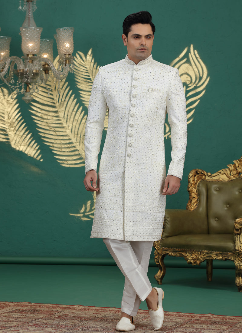 Art Silk White Wedding Wear Hand Embroidery Readymade Groom Sherwani 386001