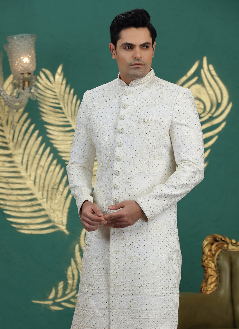 Art Silk White Wedding Wear Hand Embroidery Readymade Groom Sherwani 386001