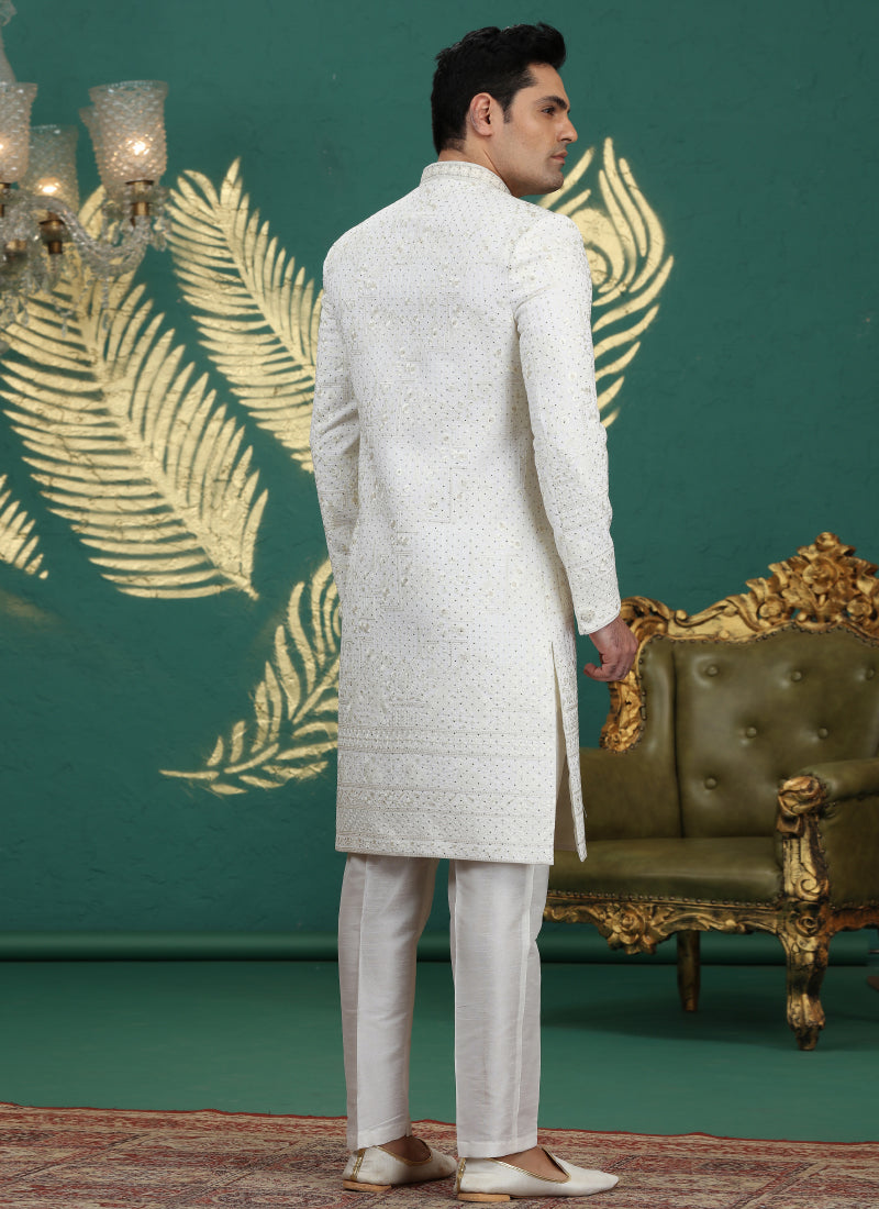 Art Silk White Wedding Wear Hand Embroidery Readymade Groom Sherwani 386001