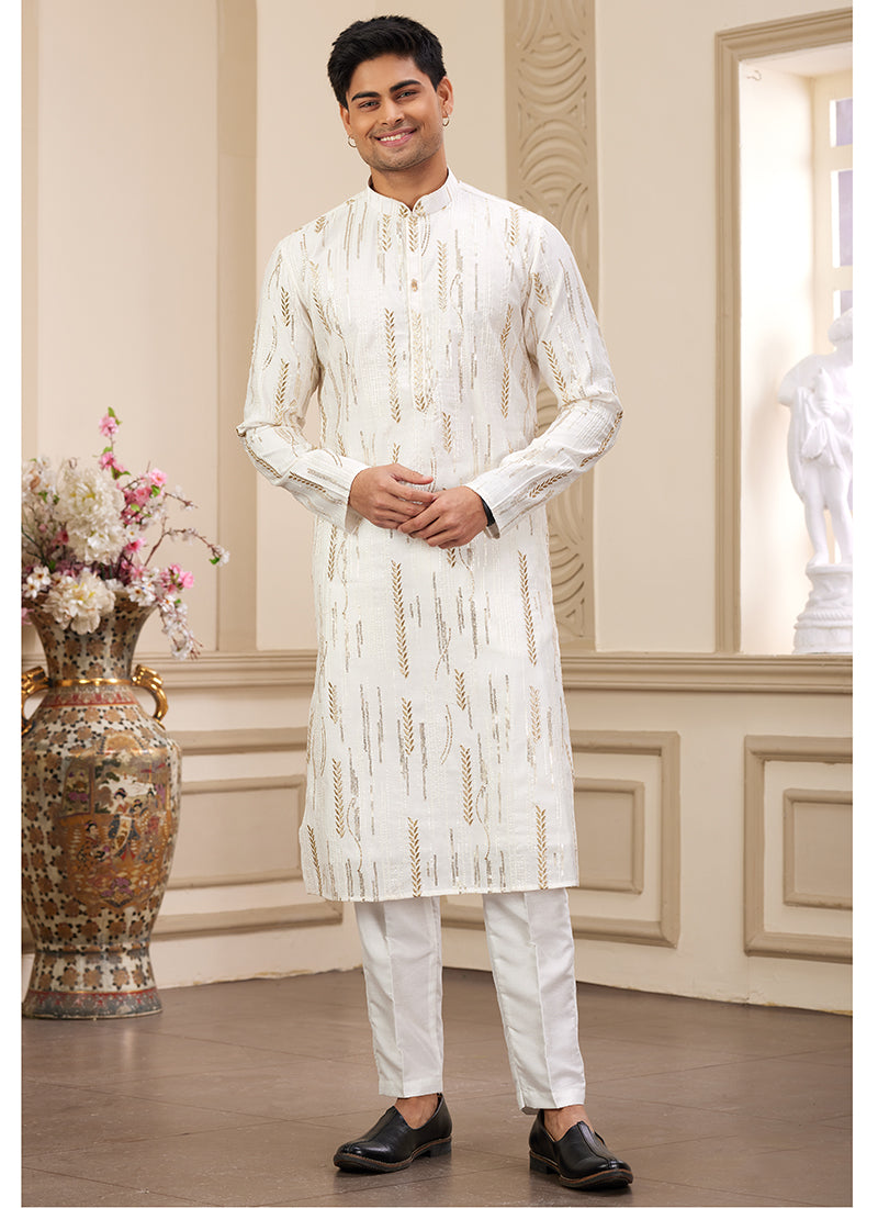Trendy White Art Silk Festive Kurta Pajama with Shimmering Sequins