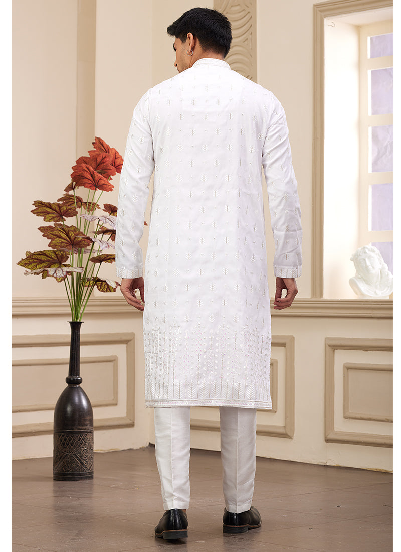 Art Silk White Festive Wear Stylish Sequin Work Kurta Pajama