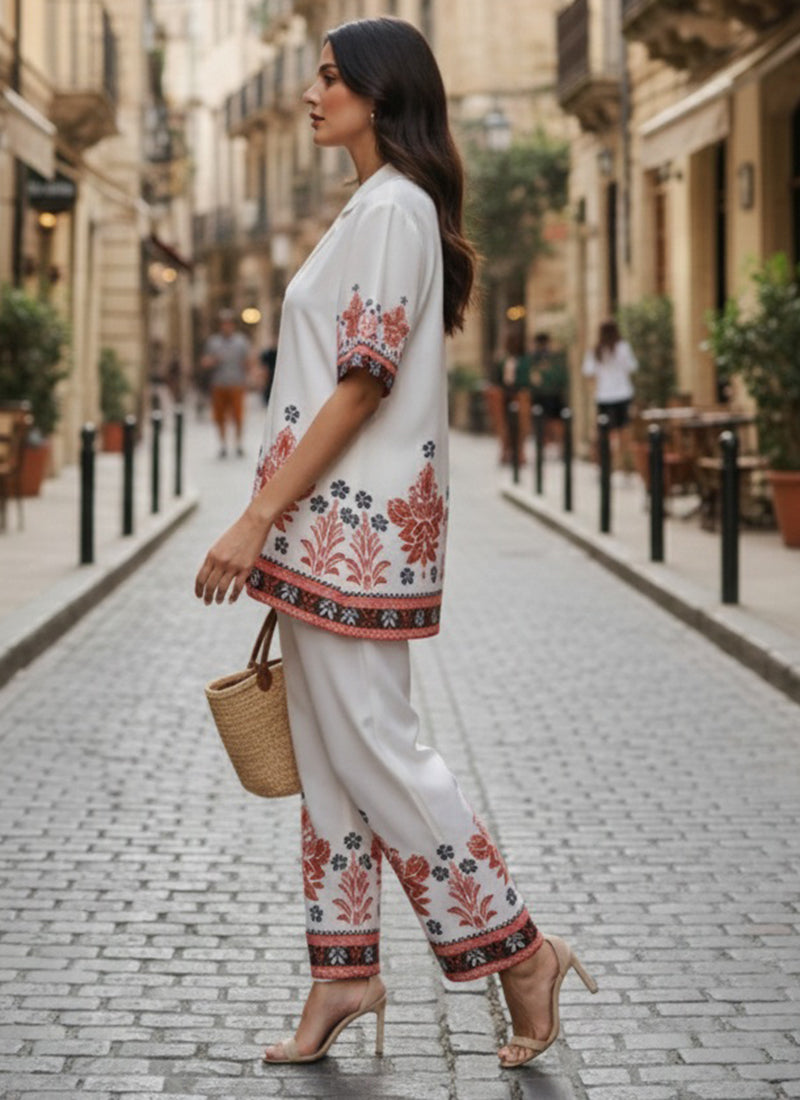 Cotton White Casual Wear Printed Work Readymade Cord Set 388669