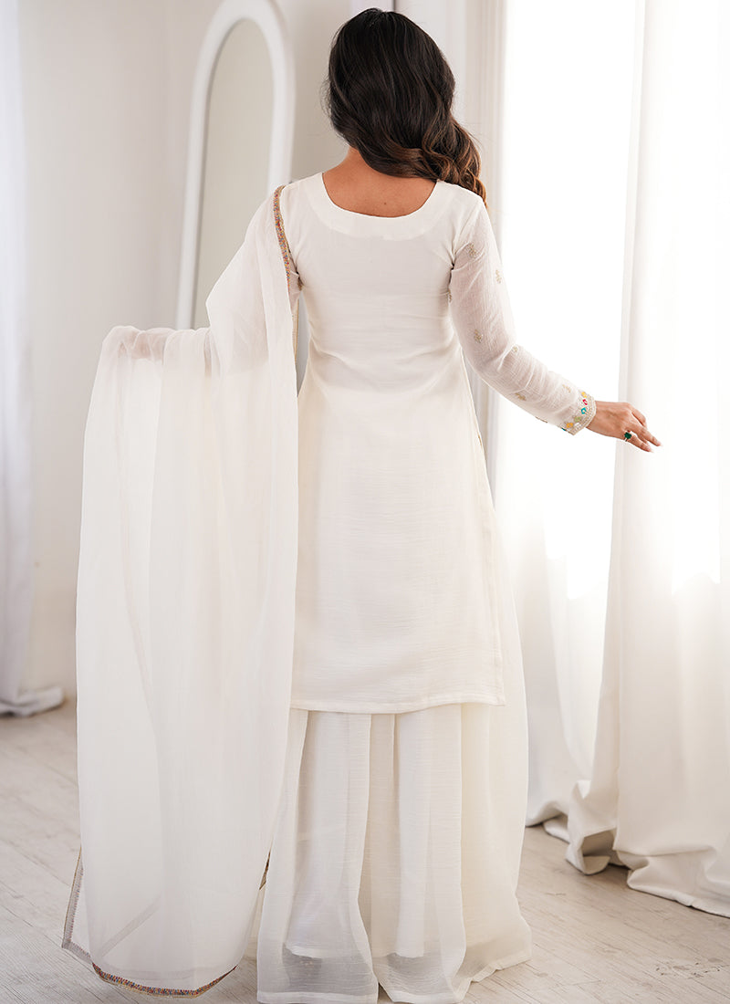 White Crunchy Silk Sequins Work Occasional Wear Readymade Plazzo Suit SW507397