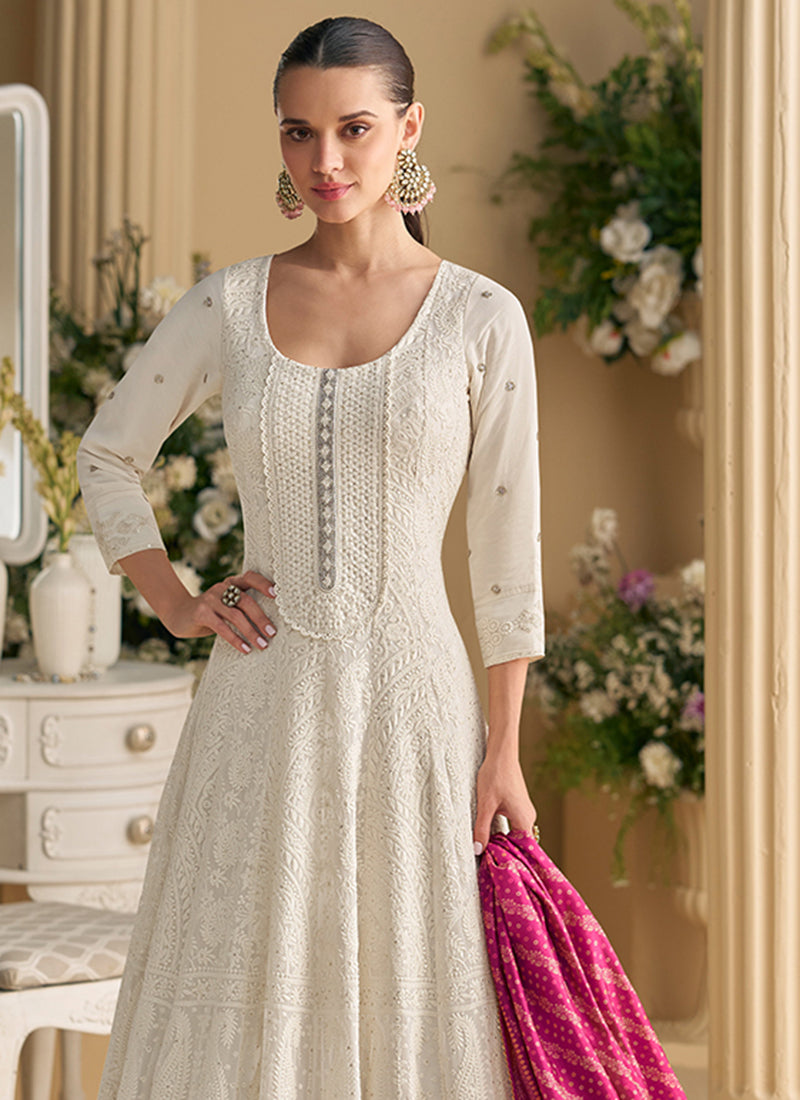 White Georgette Embroidery Work Occasional Wear Readymade Anarkali Suits SW510626
