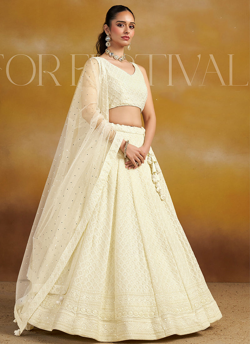 Georgette White Wedding Wear Thread Embroidery Work Lehenga Choli 385598