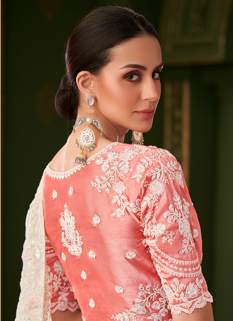 Georgette Silk White Wedding Wear Zari Embroidery Work Saree 386649