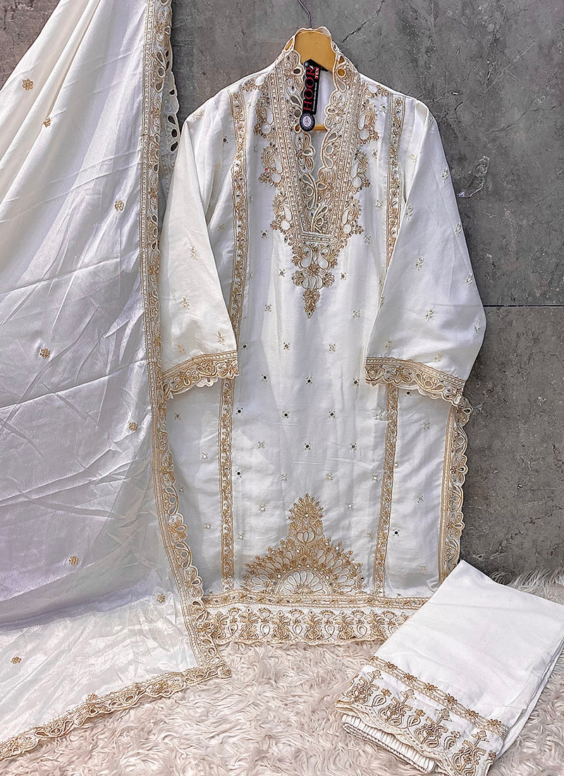 Heavy Chinon White Eid Wear Zari Work Readymade Pakistani Suit 388112