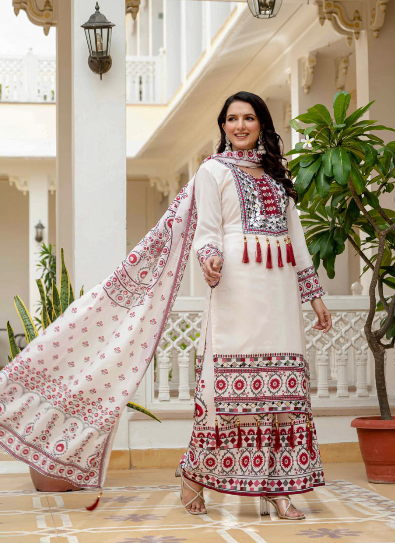 Muslin White Casual Wear Mirror Work Readymade Plazzo Suit 386046