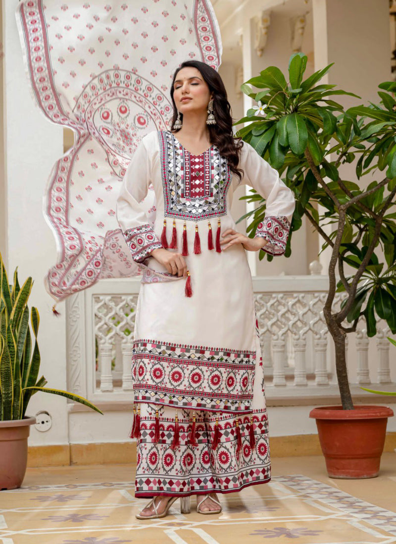 Muslin White Casual Wear Mirror Work Readymade Plazzo Suit 386046