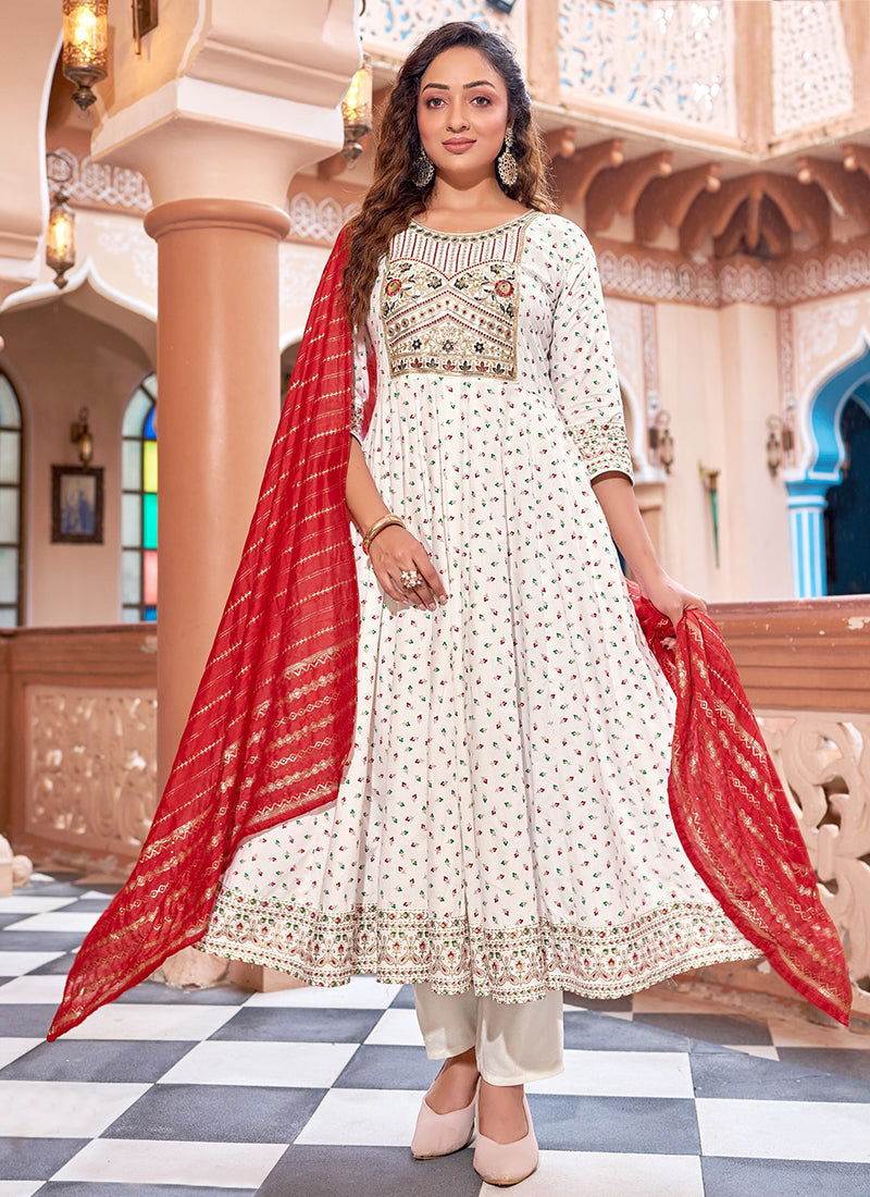 Rayon White Casual Wear Sequin Work Readymade Anarkali Suit 382162