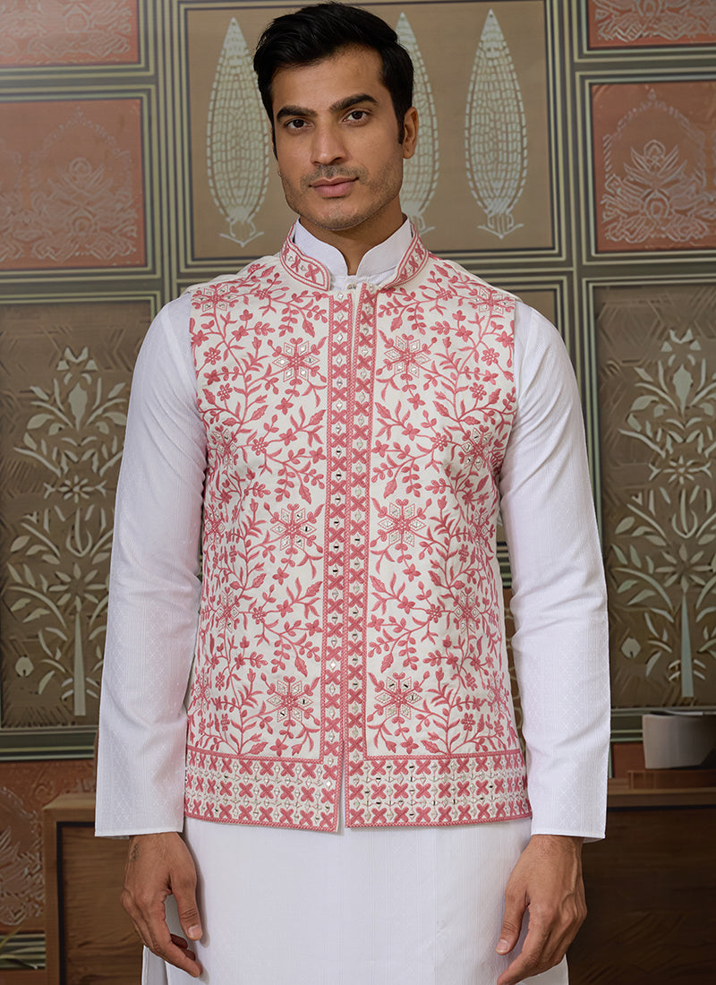 Silk White Festival Wear Mirror Work Readymade Modi Jacket Kurta Pajama 384460
