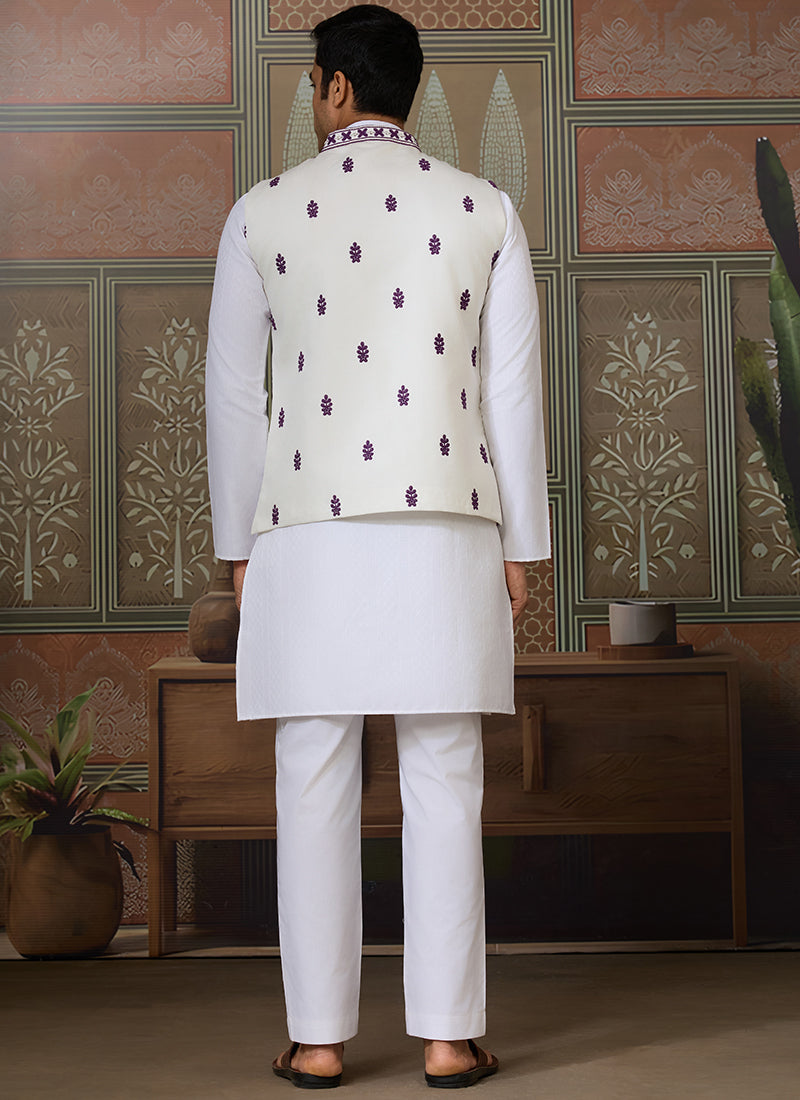 Silk White Festival Wear Mirror Work Readymade Modi Jacket Kurta Pajama 384461