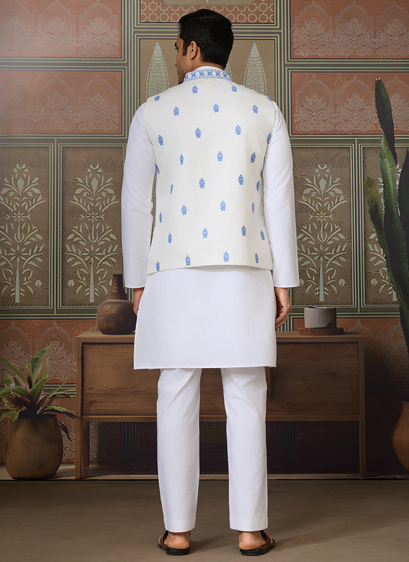 Silk White Festival Wear Mirror Work Readymade Modi Jacket Kurta Pajama 384463