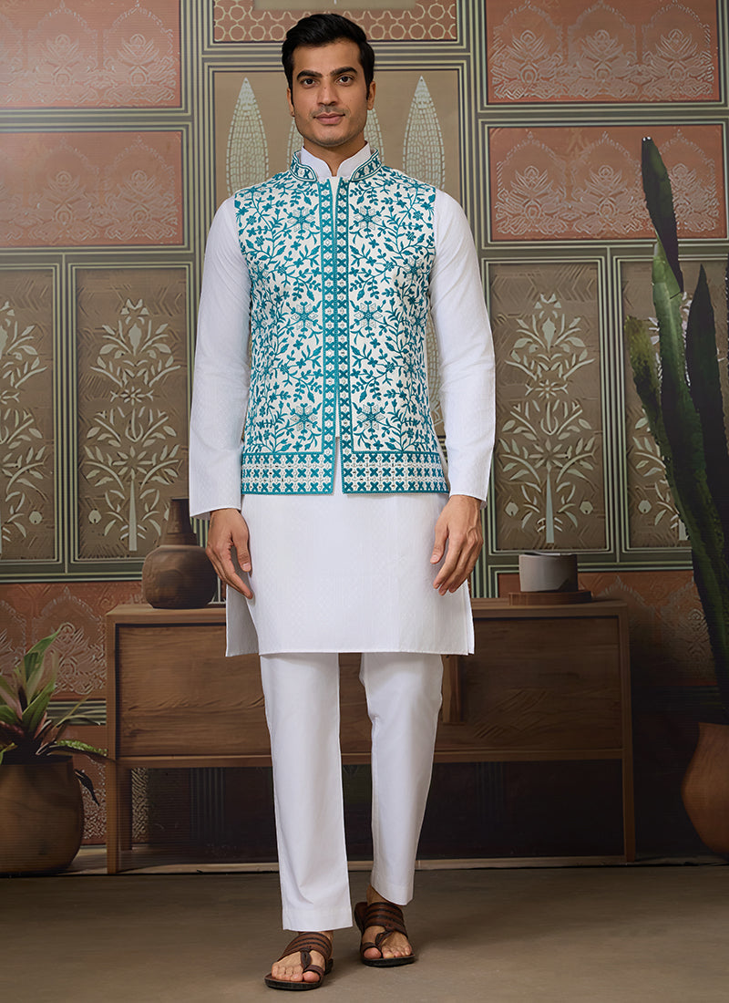Silk White Festival Wear Mirror Work Readymade Modi Jacket Kurta Pajama 384464