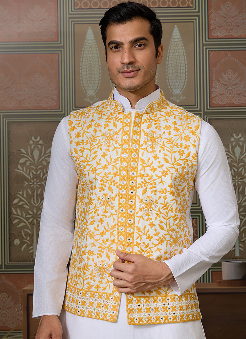 Silk White Festival Wear Mirror Work Readymade Modi Jacket Kurta Pajama 384465
