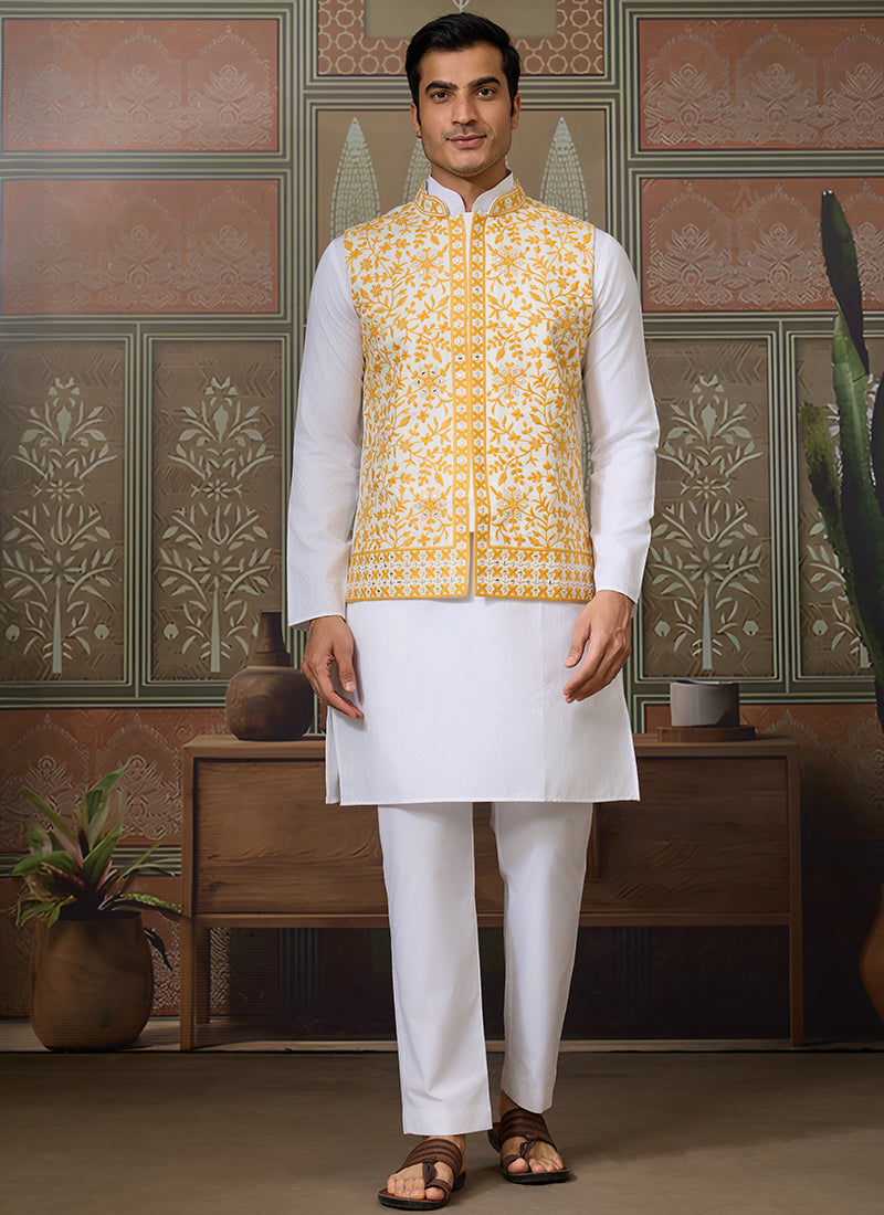 Silk White Festival Wear Mirror Work Readymade Modi Jacket Kurta Pajama 384465