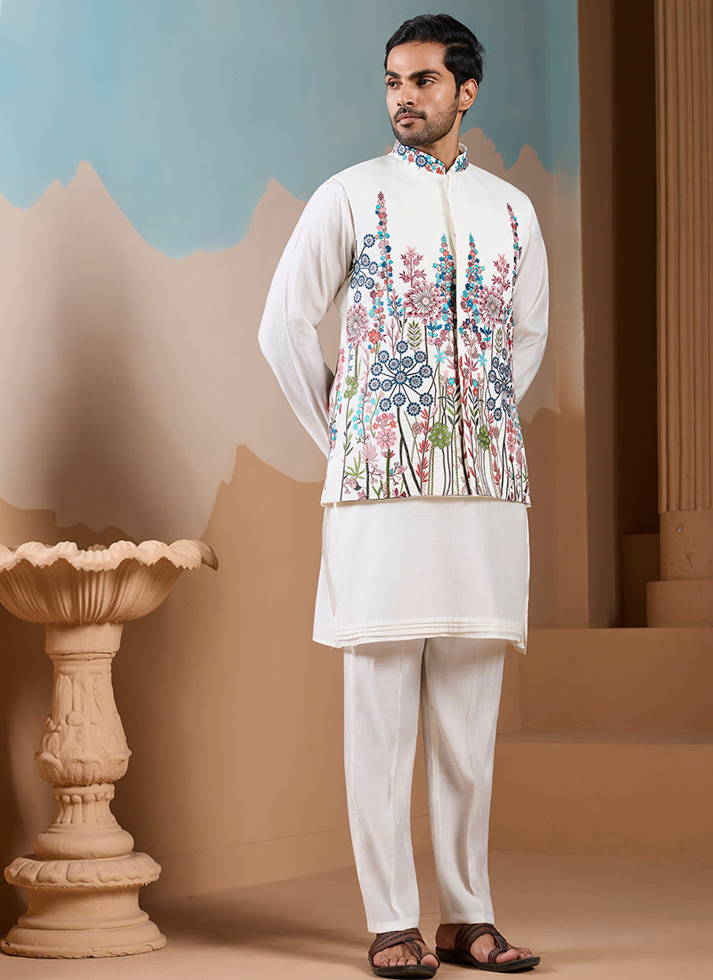 Silk White Wedding Wear Embroidery Work Readymade Kurta Pajama With Jacket 387113
